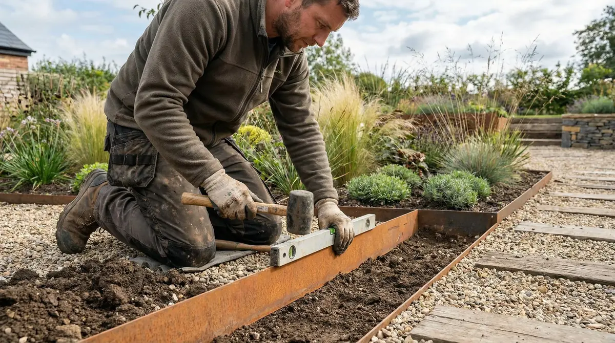 A Plantox gardener kneeling in a gravel bed, levelling a length of Corten steel edging by hand beside new planting.