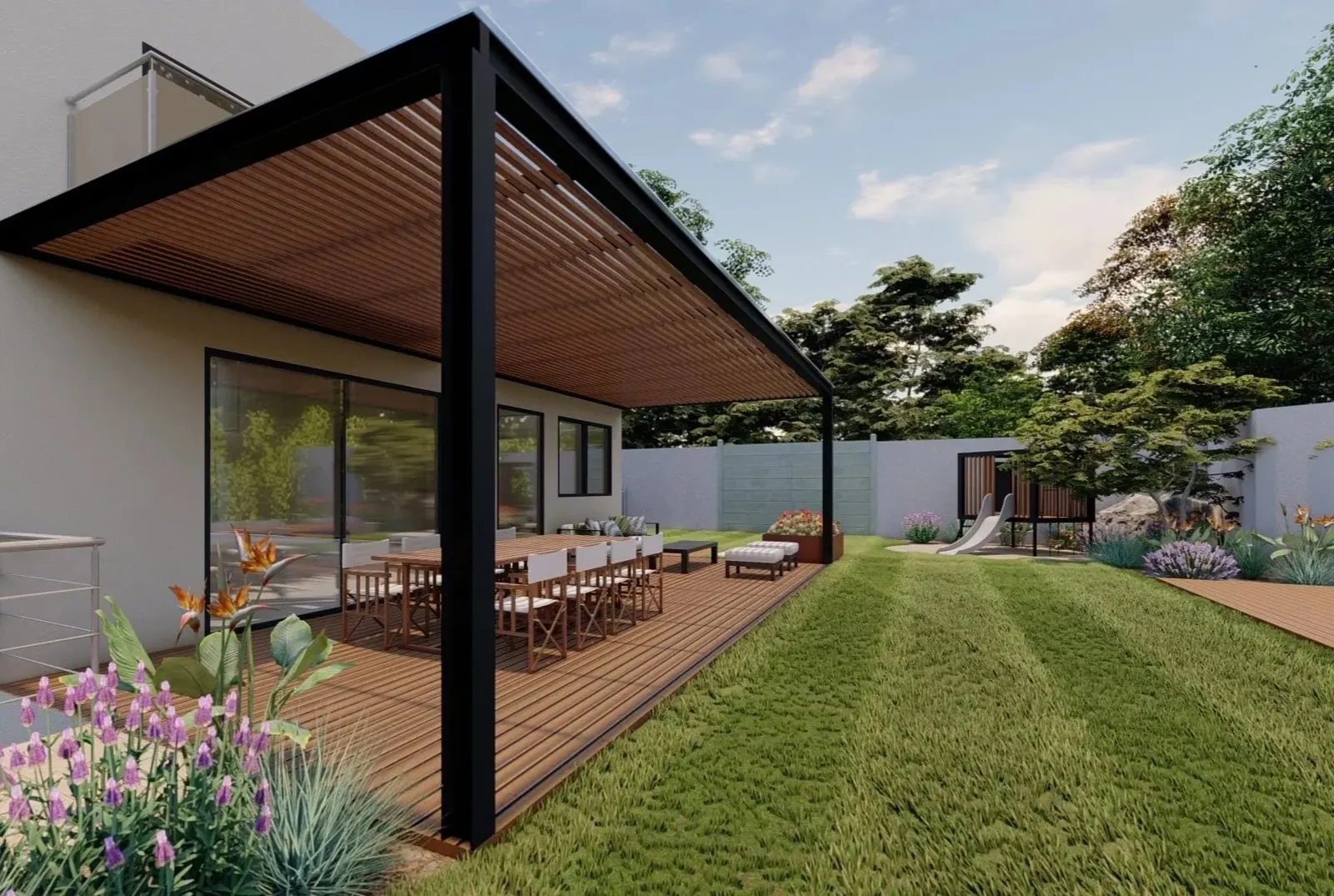 A private garden built by Plantox: a striped lawn running up to a timber deck under a slatted pergola, with mixed planting along the border.