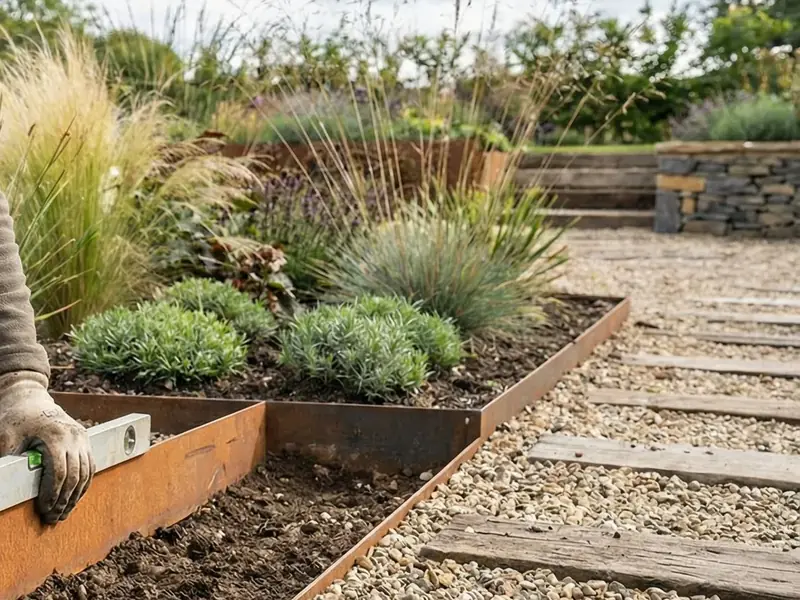 A length of Corten steel edging set level between a gravel path and a bed of fresh soil.