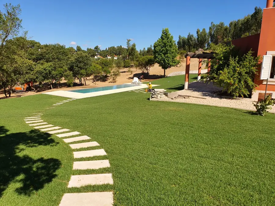 Stepping stones curving across a wide lawn towards a pool and mature trees on a large property.