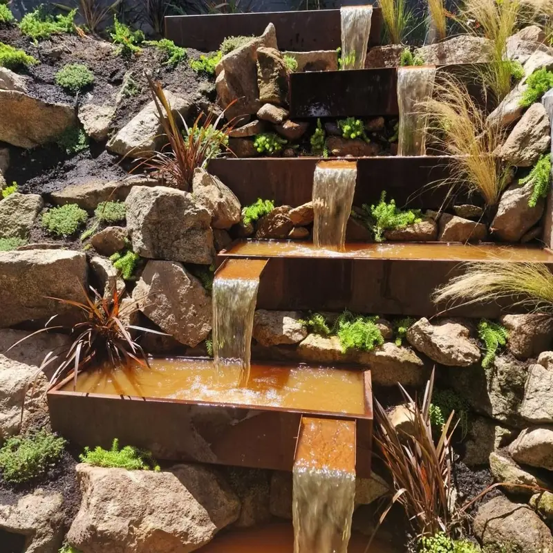 A stepped stone water feature with water falling over rock ledges between grasses and phormiums.